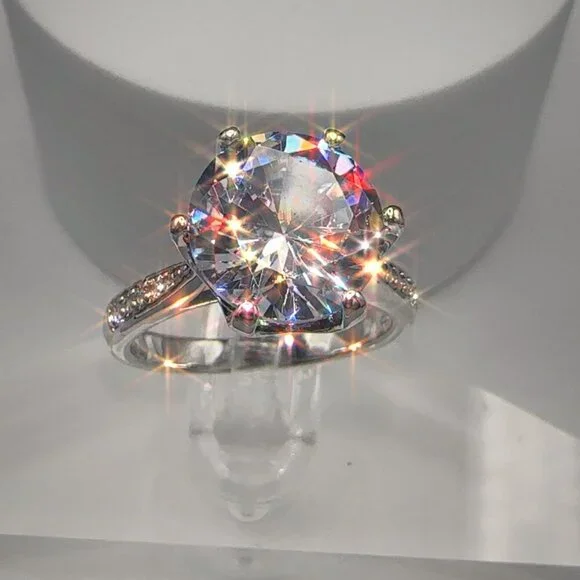 Round Cut Simulated Diamond Engagement Ring With Pave Band In Silver Tone 1 Ct - Picture 4 of 10